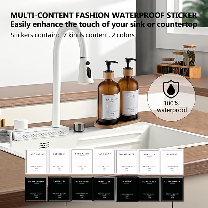 Amber Glass Soap Dispenser - Dish Hand Soap Dispenser for Kitchen Set, Soap Lotion Dispenser Bathroom with Sturdy Pump and Tray, 14 Waterproof Labels,Refillable Dispenser-Amber