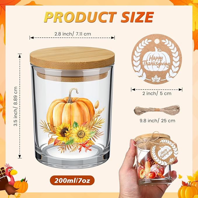 12 Pack Thanksgiving Pumpkins Clear Candle Jars for Making Candles 7 oz Empty Glass Jars with Wood Lids and Blessing Card Harvest Candle Containers for DIY Gifts Home Tea Party Holiday Decor
