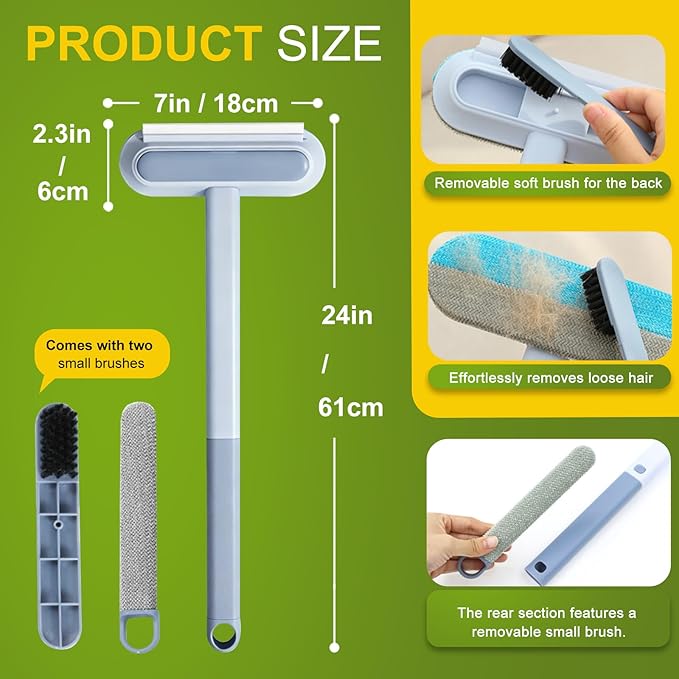 24'' Multifunctional Pet Hair Remover & Window Screen Cleaner, 4-in-1 Reusable Lint Brush with Extra Long Handle & Storage Hook, Gentle on Couch, Carpets, Bedding, Car Seats, Laundry for Cat Dog Hair