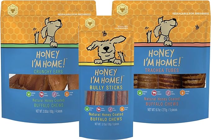 Honey I'm Home Honey Coated Dog Chew Variety Pack – Crunchy Ears, Trachea Tubes & Bully Sticks – All-Natural, Grain-Free, Healthy Buffalo Treats