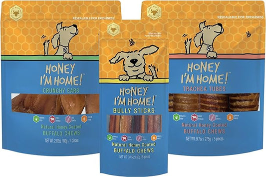Honey I'm Home Honey Coated Dog Chew Variety Pack – Crunchy Ears, Trachea Tubes & Bully Sticks – All-Natural, Grain-Free, Healthy Buffalo Treats