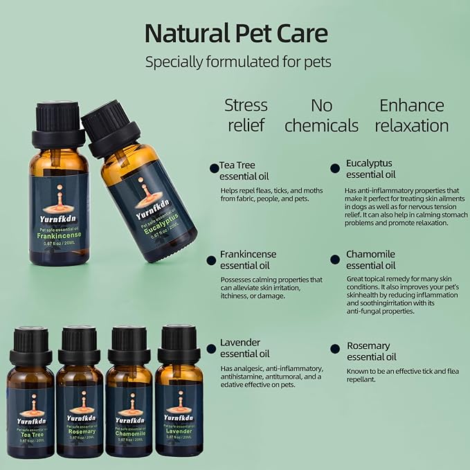 Pet-Friendly Essential Oil Set: Home Fragrance and Stress Relief. Safe for Dogs and Cats, Suitable for Aromatherapy Diffuser Bottles, Incense Sticks, and Candles, with six Interchangeable scents.