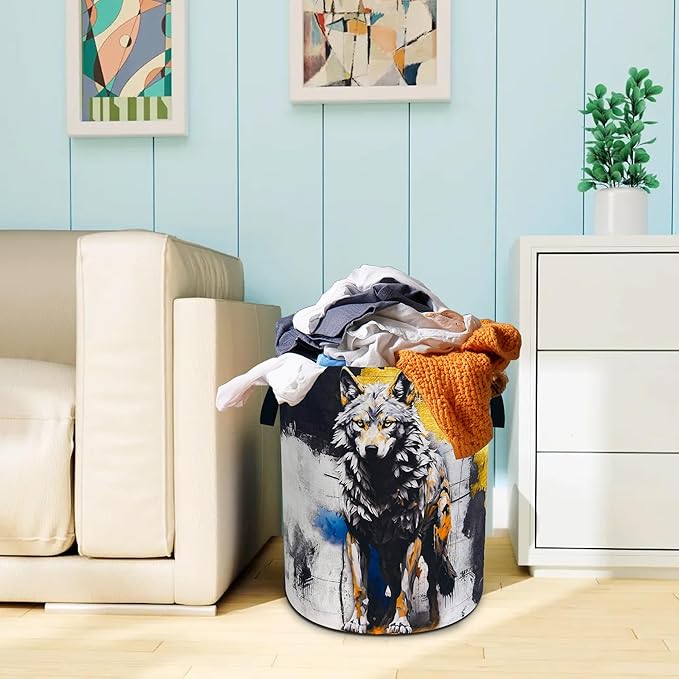 Wolf Laundry Basket Grey Wolf Animal Oxford Cloth Laundry Hamper With Handle Foldable Portable Clothes Storage Basket 18.9 X 16.5 In Storage Bag For Laundry Room/Bathroom/Bedroom/Dormitories