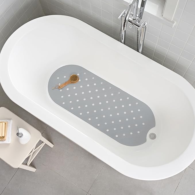 Rubber Bathtub Mat Shower Mat Non-Slip, 39x16 Inch, Bath Tub Floor Mat with Suction Cups and Drainage Holes, Grey