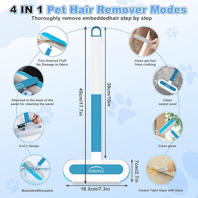 4 in 1 Multifunctional Pet Hair Removal Tool, Dog&Cat Hair Remover for Couch Carpet Furniture, Pet Hair Removal Broom with 17.7Inch Extendable Long Handle&Reusable Washable Cat Hair Remover Brush