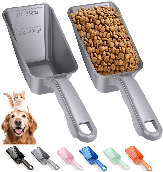 2-Pack Dog Food Scoop 1 Cup, Plastic Pet Food Measuring Scoop With Measuring Lines (1/2 & 1 Cup Markings) for Dogs, Cats, Fish, Bird（Grey)
