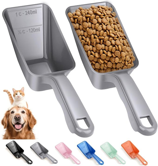 2-Pack Dog Food Scoop 1 Cup, Plastic Pet Food Measuring Scoop With Measuring Lines (1/2 & 1 Cup Markings) for Dogs, Cats, Fish, Bird（Grey)
