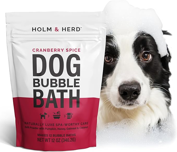Holm & Herd Cranberry Spice Dog Care Gift Bundle – 3 Piece Grooming Set with Bubble Bath Shampoo Alternative, Deodorizing Coat Spray & Moisturizing Serum – Holiday Dog Spa Kit (Cranberry Spice)