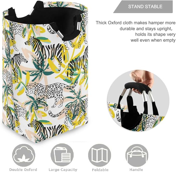 visesunny Collapsible Laundry Basket Tropical Leopard Zebra Animal Large Laundry Hamper with Handle Toys and Clothing Organization for Bathroom, Bedroom, Home, Dorm, Travel