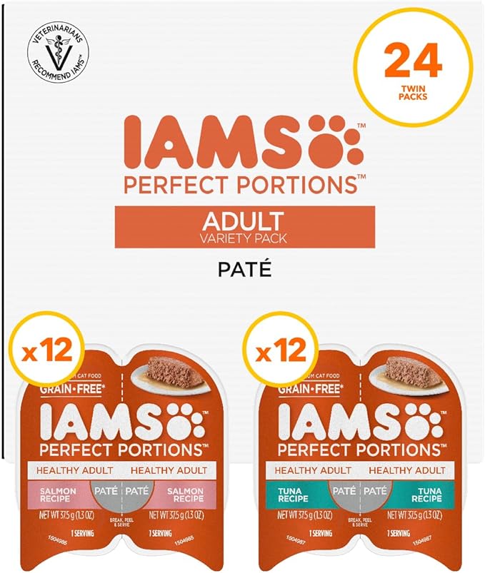 IAMS Perfect Portions Healthy Adult Wet Cat Food Pate, Salmon and Tuna Recipe Variety Pack, 2.6 oz. Twin-Pack Trays (24 Count, 48 Servings)