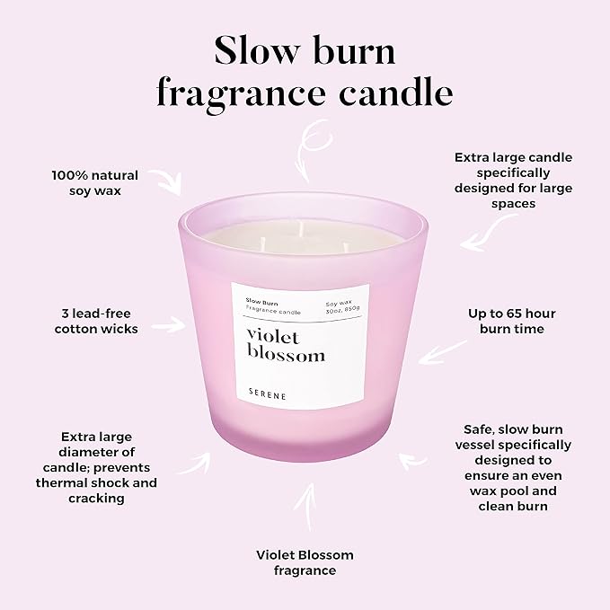 Hidden Label Large Scented Candle, Violet Blossom, 30oz 3 Wick Huge Candle, Serene Collection Slow Burn Natural Soy Candles for Home Scented