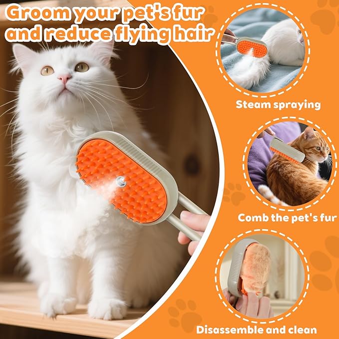2025- New cat steam brush, 4-in-1 cat steam brush, for massaging and cleaning fallen pet hair, suitable for cats, dogs, rabbits and other pets (khaki + white) -2 pieces (white)