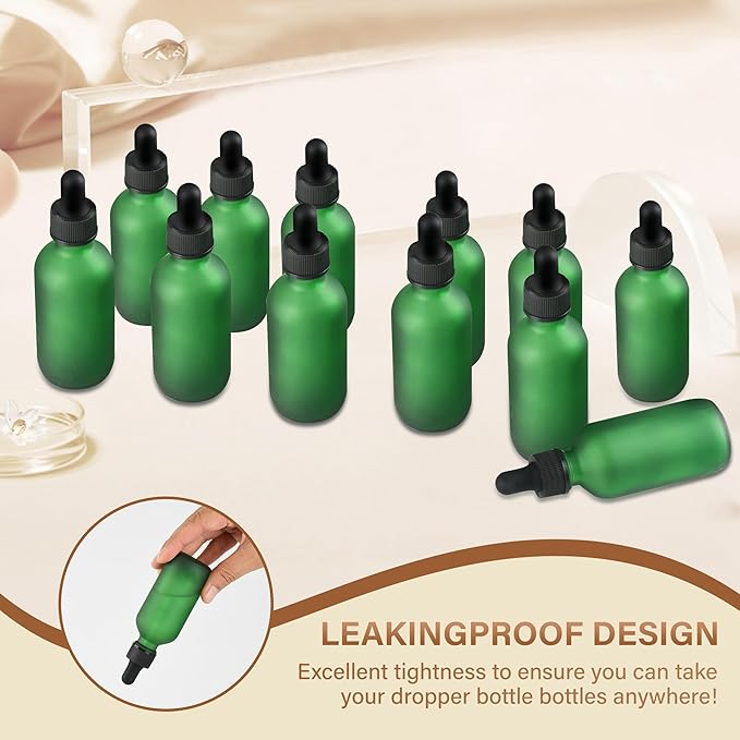 12 Pcs, 2oz Dropper Bottle, Green Glass Eye Dropper Bottle, Tincture Bottles with Dropper, Pretty Finish, Leak-Proof Design, Stronger Suction for All Kinds of Mixed Liquids