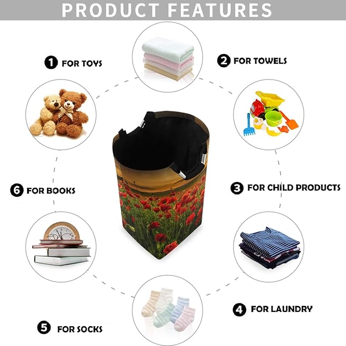 visesunny Collapsible Laundry Basket Poppy Flower And Sunset Large Laundry Hamper with Handle Toys and Clothing Organization for Bathroom, Bedroom, Home, Dorm, Travel