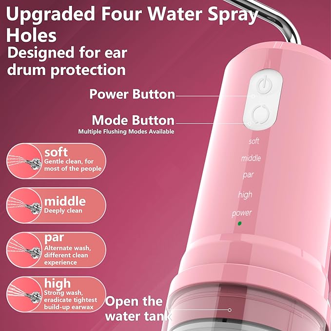 Ear Wax Removal, 2 in 1 Electric Ear Cleaning Kit with 4 Pressure Modes, Portable Water Powered Ear Cleaner with Basin and Nasal Nozzles, Ear Irrigation Flushing System for Adults and Kids, Pink