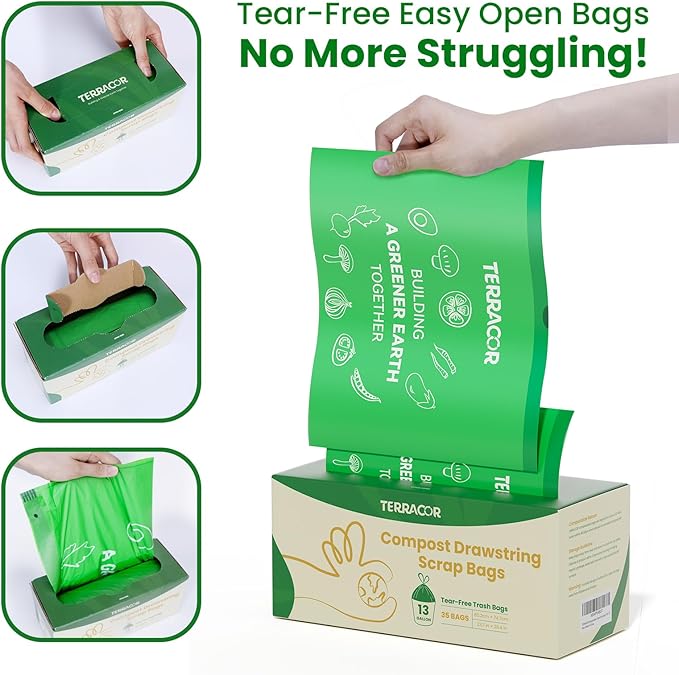 13 Gallon Compostable Trash Bags Drawstring, Heavy Duty Extra Thick 1 Mil, 35 Bags, Tall Kitchen Food Scrap Waste Bag, ASTM D6400