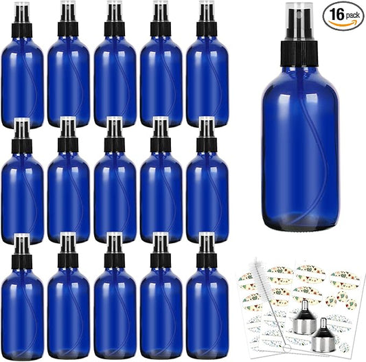CycleMore 120ml 16 Pack 4oz Blue Glass Spray Bottles with Fine Mist Sprayers, Glass Travel Bottles for Cosmetic, Essential Oils, Cleaning Solutions, Perfumes & More Liquids Ideal for Friends