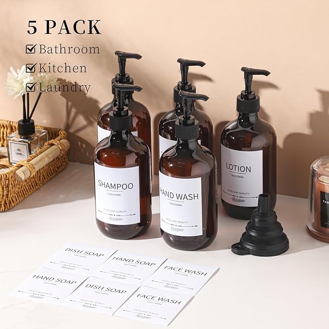 Stylish Shampoo Bottles Refillable with Pump,(5Pack) Amber Shampoo and Conditioner Dispenser,Shampoo Bottles with 8pcs Lables