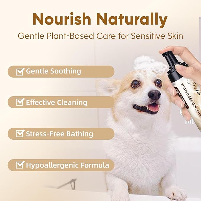 Waterless Dog Shampoo No Rinse Foam, Dog Dry Shampoo, with Pet Fur Care Oil, Pet Sensitive Glove & Stainless Steel Pets Grooming Comb, Clean Quickly, Soothe & Moisturize