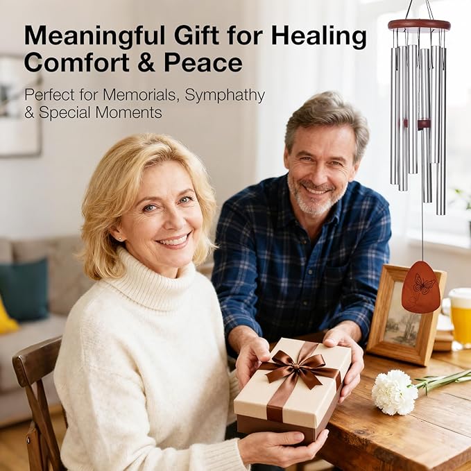 Inspirational Wind Chimes for Outside – Deep Tone Chimes with Wooden Sail | Outdoor Hanging Decor for Patio & Garden | Unique Designs, Healing Gift of Peace & Comfort (Silver, 32 Inch)