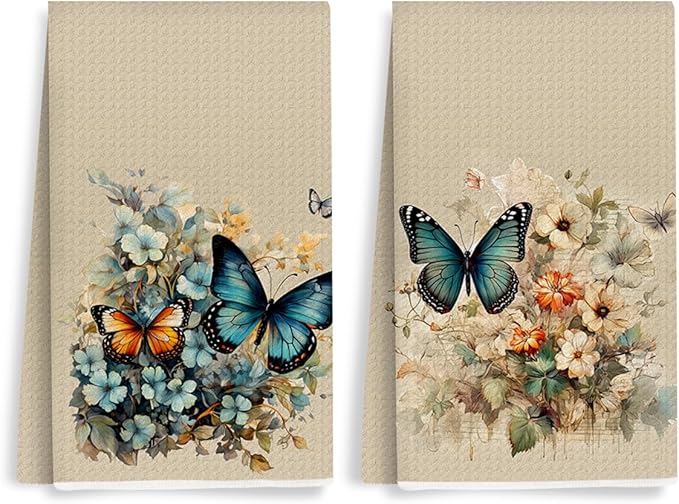 2 Pcs Vintage Floral Kitchen Towels, Artistic Butterfly Decorative Absorbent Microfiber Dish Cloth Tea Towel, Waffle Soft Hand Towels for Farmhouse Home Bathroom, Housewarming Gifts