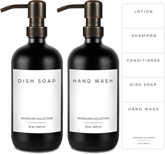Emerson Soap Dispenser, Dish Soap Dispenser for Kitchen, Bathroom Set - Kitchen Soap Set, Glass Dispenser with Pump and Labels | 16 Oz, 2 Pack