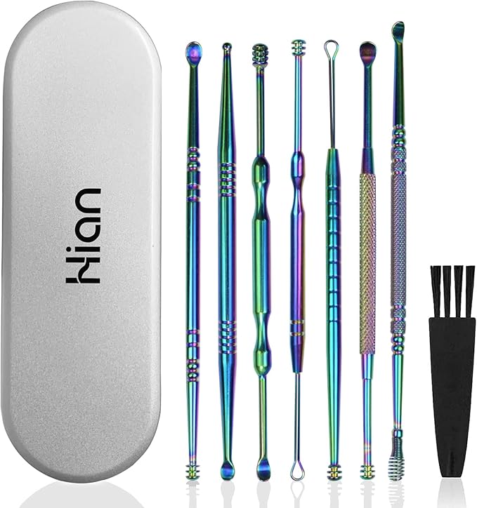 Hion 8 Pcs Ear Wax Removal Kit,Professional Double-Headed Ear Pick Earwax Removal Tools,316L Stainless Steel Ear Cleaner Curette with Cleaning Brush and Storage Box,Suit for Kid Adult(Colorful)