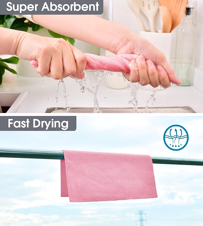 KitchLife Microfiber Cleaning Cloth Roll, 100 Pack - Tear-Away Microfiber Paper Towels, Lint-Free, Reusable, Washable for Kitchen, Car, Dishes, and Sensitive Surfaces (Pink)