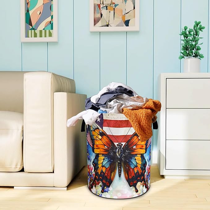 Vintage American Flag Butterfly Laundry Basket Flowers Oxford Cloth Laundry Hamper With Handle Foldable Portable Clothes Storage Basket 18.9 X 16.5 Inch Storage Bag For Laundry Room/Bathroom/Bedroom
