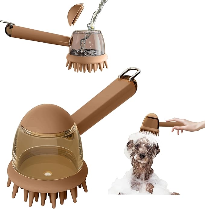 Pet Bath Brush for Dogs & Cats - Grooming Brush with Built-in Shampoo Dispenser - Massage Wash Brush for Long & Short Hair(Brown)