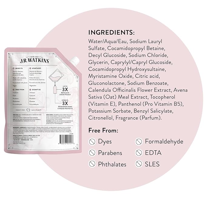 J.R. Watkins Gel Hand Soap Refill, Moisturizing Hand Wash, Formulated with Plant-Based Cleansers, Alcohol-Free, Cruelty-Free, Rosewater, 34 Fl Oz, 2 Pack