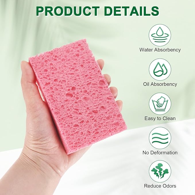 12-Pack Kitchen Sponges, Condense Eco Cellulose Non-Scratch Scrub Heavy Sponge for Kitchen/Household/Bathroom, Clean Tough Messes Dish Scrubber [Pink]