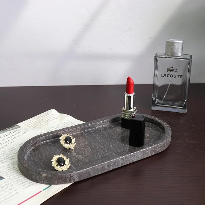 Natural Marble Tray, Oval Vanity Decorative Tray for Bathroom Counter, Countertop Stone Organizer, Catchall Tray for Kitchen, Perfume, Candles, Jewelry Dish Decorative Tray