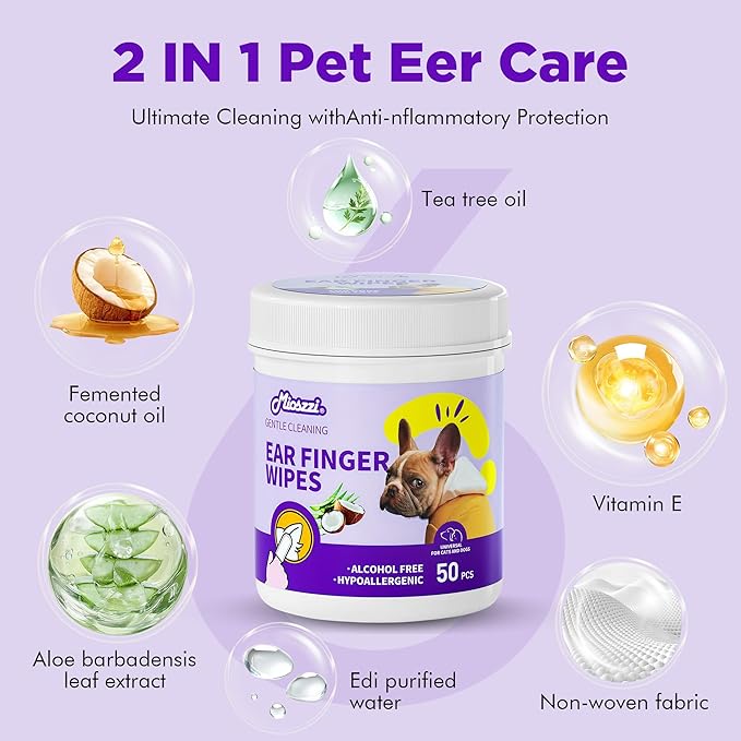 MIOSSZI Dog Ear Cleaner Finger Wipes for Dogs & Cats – Removes Wax & Odor, Helps Soothe Itchy Ears, Pet Ear Cleaning Finger Wipes 50 Count