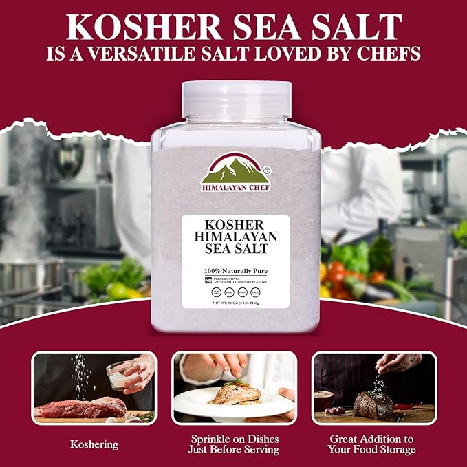 Himalayan Chef Kosher Sea Salt – Full Flavor, No Additives, unrefined and Less Sodium - Natural and Organic - 5 Pound Plastic Jar, Kosher & Non GMO Certified