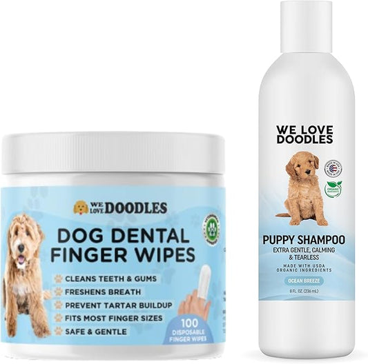 We Love Doodles 100pcs Dog Teeth Cleaning Wipes & Puppy Shampoo Bundle - Pet Dental Finger Wipes for Dogs, Organic Ingredients, Tear Free, Shampoo for Puppies, Sensitive & Itchy Skin Wash