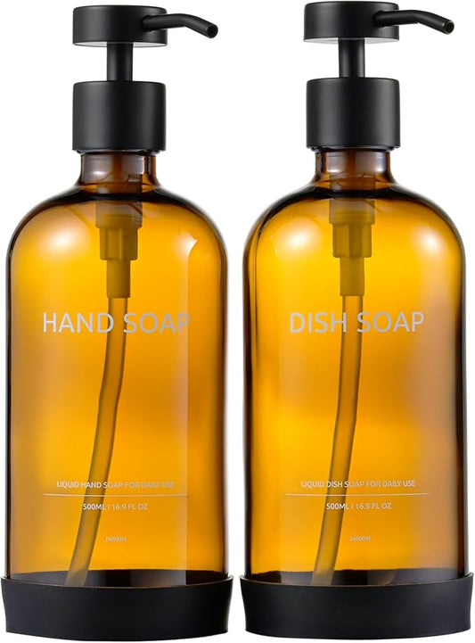 Soap Dispenser Set with Non-Slip Protective Silicone Pad,Hand Soap Dispenser for Bathroom Decor, Amber Kitchen Accessories (Amber Bottles + Black Pumps)