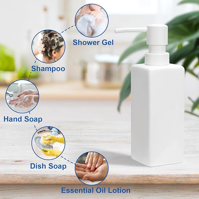 Ceramic 2Pcs White Soap Dispenser with Rust-Proof Plastic Pump for Bathroom 10oz Liquid Hand Soap Dispenser for Kitchen
