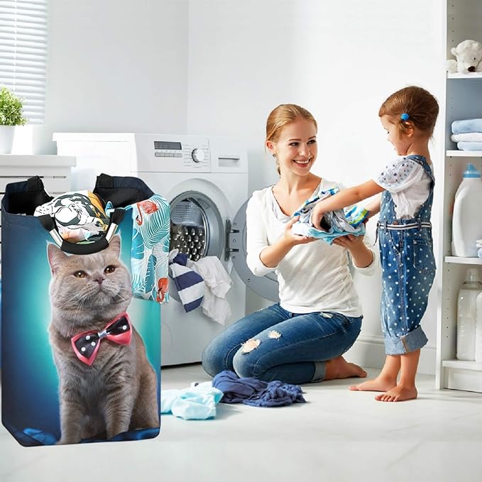 visesunny Cat Large Laundry Hamper with Handle Foldable Durable Clothes Hamper Laundry Bag Toy Bin for Bathroom, Bedroom, Dorm, Travel