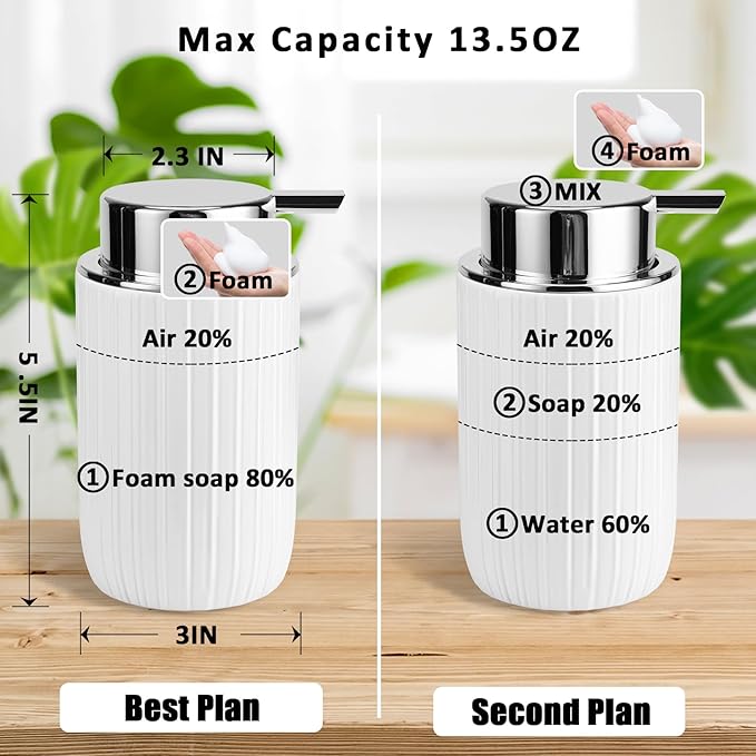 Soap Foaming Dispenser Ceramic with Easy-to-Press Pump Hand Foam Dispenser for Shampoo Bathroom Countertop 13.5 oz