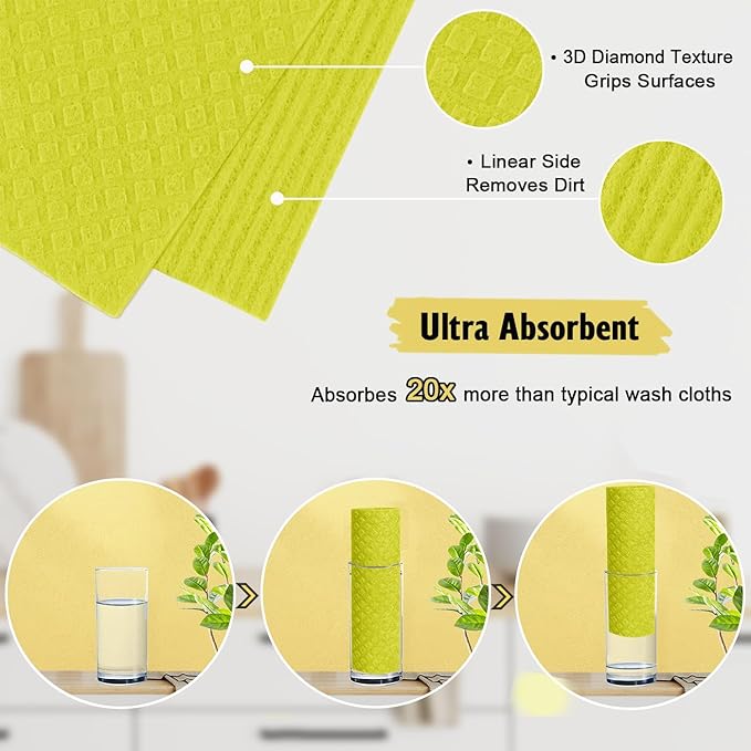 Swedish Dishcloths for Kitchen | 6 Pack Absorbent Cellulose Sponge Cloths Washable | Non-Scratch Reusable Paper Towels Quick Drying Cleaning Cloths - Yellow