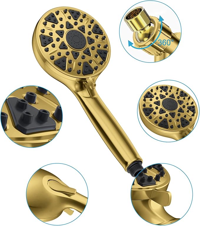 High Pressure Shower head with Handheld 7 Modes, Built-in Power Wash to Clear Tub. Tile & Pets, 5” High Flow Hand Held Hydro Rain Showerhead with Stainless Steel Hose and Adjustable Bracket-Brush Gold