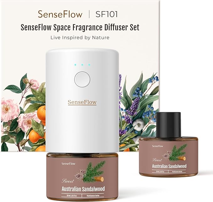 SF101 Waterless Ultrasonic Essential Oil Diffuser–100% Plant-Based,120-Day Natural Air Freshener & Aromatherapy Diffuser for Home,Hotel,Studio–Covers up to 100㎡-Australian Sandalwood