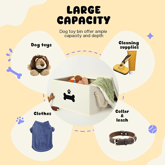 Dog Toy Basket with Lid, Dog Basket for Toys, Dog Toy Box with Cotton Rope Handles, Collapsible Storage Bins for Dog Toys, Dogs Storage Organizer, Beige