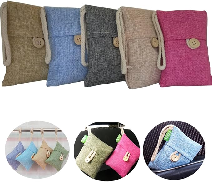 5 X 100g Natural Air Purifying Bamboo Bag,Bamboo Charcoal Bag, Odor Eliminator Decoration Bag for Bathroom Kitchen Cars Closet Refrigerator (Color Selected Randomly)
