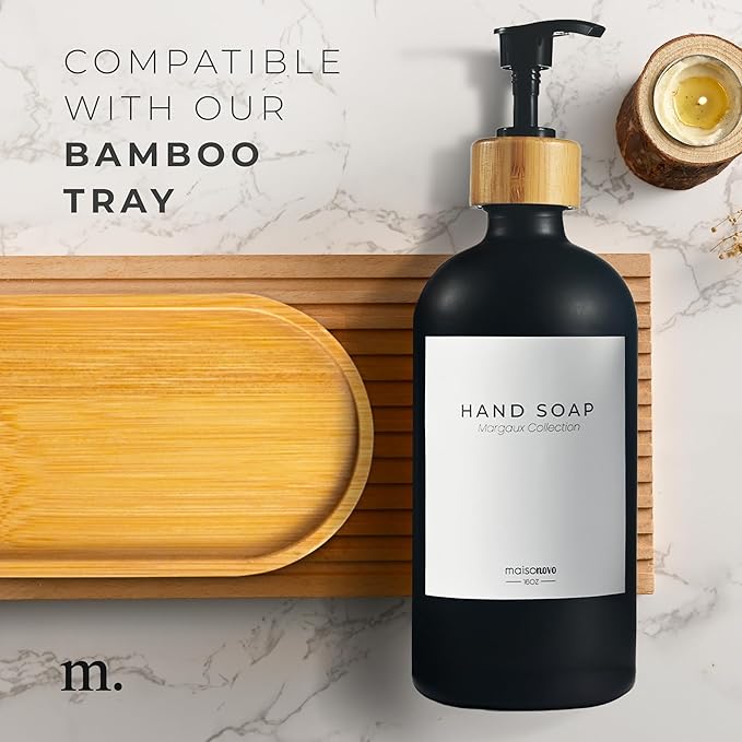 MaisoNovo Glass Hand Soap Dispenser | Dish Soap Dispenser for Kitchen | 16.9oz Black Bottles with Black Bamboo Pump | Bathroom Lotion Dispenser