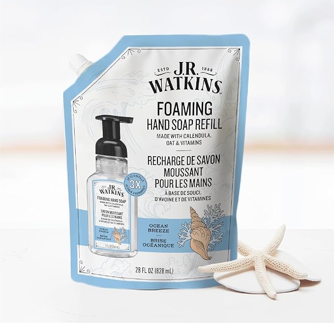J.R. Watkins Foaming Hand Soap Refill, Moisturizing Foam Hand Wash, Formulated with Plant-Based Cleansers, Alcohol-Free, Cruelty-Free, Ocean Breeze, 28 fl oz, 2 Pack