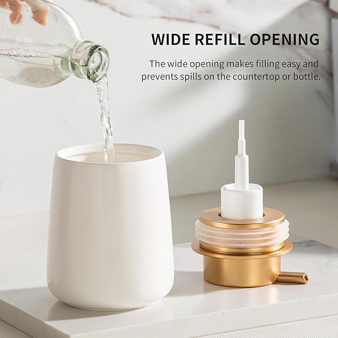 Enra Foaming Soap Dispenser,12 oz Beige Ceramic Modern Poam Hand Soap Dispenser for Bathroom,Kitchen with Easy-to-Press Pump (White Poam Gold Pump)