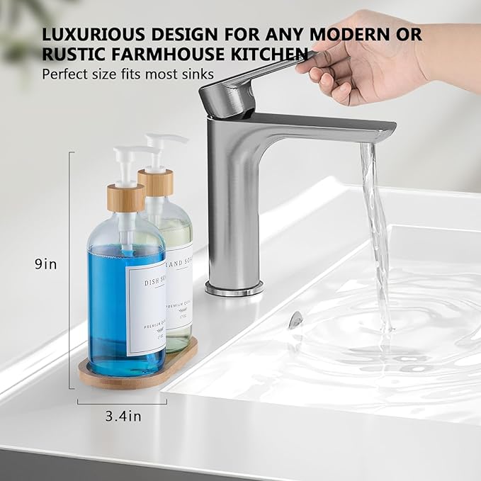 Clear Glass Soap Dispenser - Dish Hand Soap Dispenser Set for Kitchen, Refillable Soap Lotion Dispenser Bathroom with Sturdy Pump and Tray, 14 Waterproof Labels -Clear