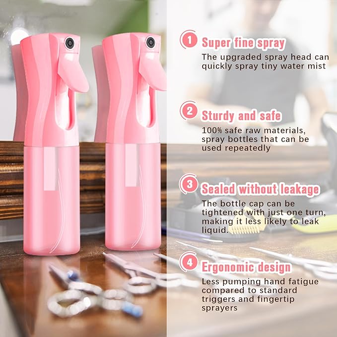 Two-pack Spray Bottles, Fine Mist Refillable Spray Water Bottles, All-Season Continuous Spray Bottles for Hair, Skin Care, Gardening, Pet Bathing, Travel, Cleaning & Home Use